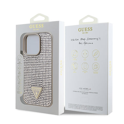 Apple iPhone 16 Pro Max Kılıf Guess Orjinal Lisanslı Taşlı Arka Yüzey Üçgen Logolu Kapak Gümüş