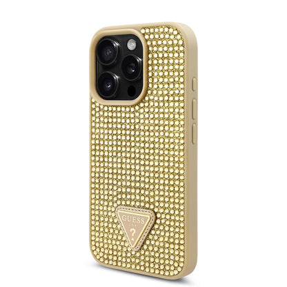 Apple iPhone 16 Pro Max Kılıf Guess Orjinal Lisanslı Taşlı Arka Yüzey Üçgen Logolu Kapak Gold