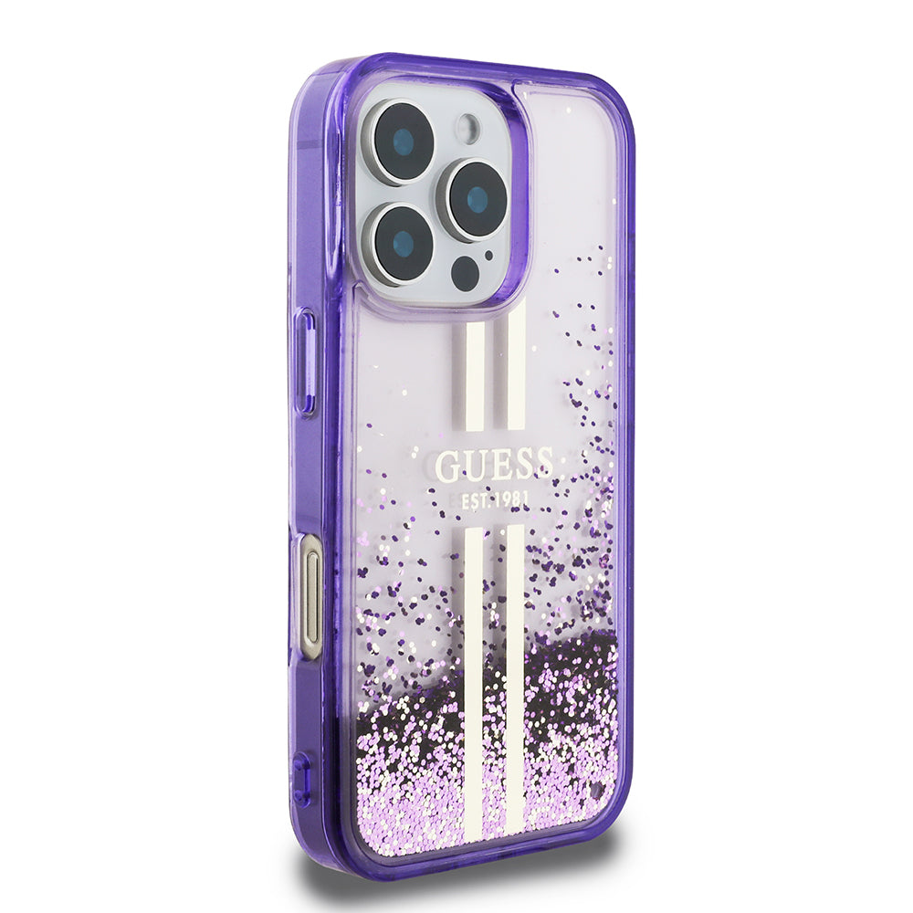 Apple iPhone 16 Pro Max Kılıf Guess Orjinal Lisanslı Transparan Sıvılı Simli Altın Çizgili Kapak Mor