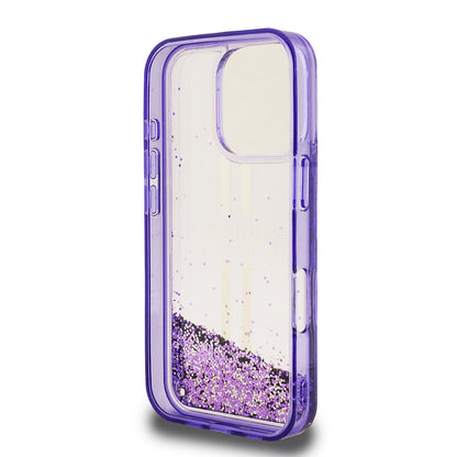 Apple iPhone 16 Pro Max Kılıf Guess Orjinal Lisanslı Transparan Sıvılı Simli Altın Çizgili Kapak Pembe