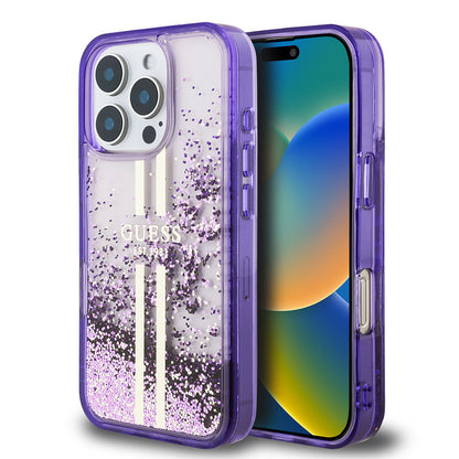 Apple iPhone 16 Pro Max Kılıf Guess Orjinal Lisanslı Transparan Sıvılı Simli Altın Çizgili Kapak Mor