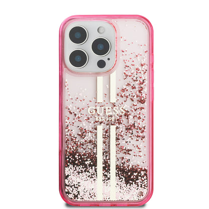 Apple iPhone 16 Pro Max Kılıf Guess Orjinal Lisanslı Transparan Sıvılı Simli Altın Çizgili Kapak Pembe