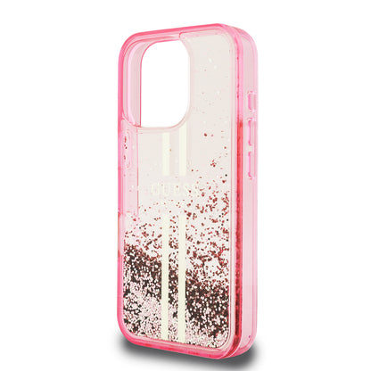 Apple iPhone 16 Pro Max Kılıf Guess Orjinal Lisanslı Transparan Sıvılı Simli Altın Çizgili Kapak Pembe