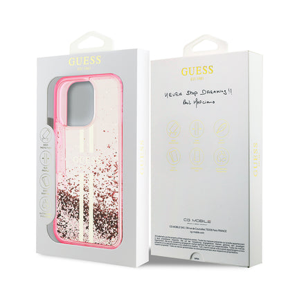 Apple iPhone 16 Pro Max Kılıf Guess Orjinal Lisanslı Transparan Sıvılı Simli Altın Çizgili Kapak Mor