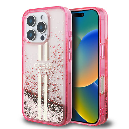 Apple iPhone 16 Pro Max Kılıf Guess Orjinal Lisanslı Transparan Sıvılı Simli Altın Çizgili Kapak Pembe