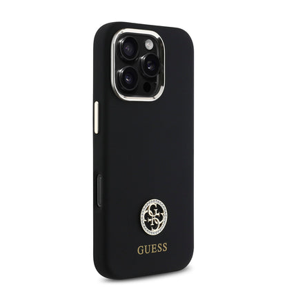 Apple iPhone 16 Pro Max Kılıf Guess Orjinal Lisanslı Yazı ve Taşlı 4G Logolu Metal Kamera Çerçeveli Silikon Kapak Siyah