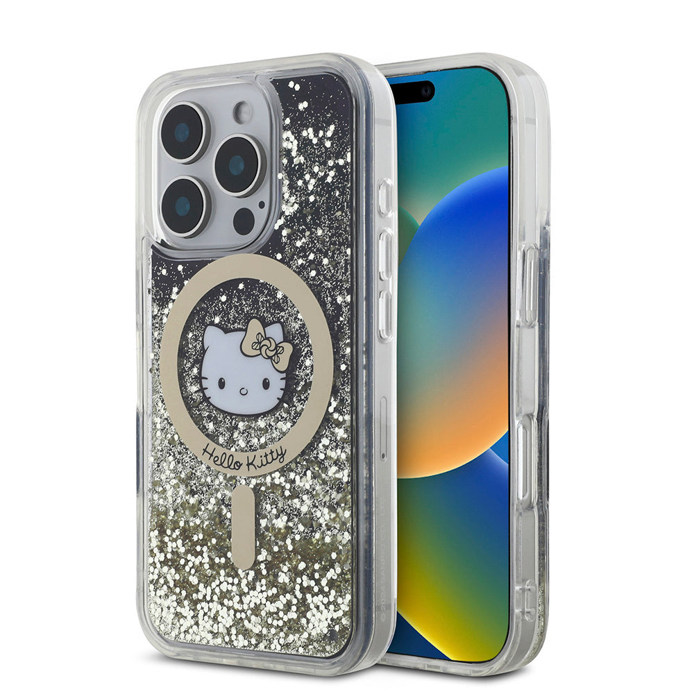 Apple iPhone 16 Pro Max Kılıf Hello Kitty Orjinal Lisanslı M-safe Şarj Özellikli IML Baskı Kitty Head Logolu Sıvılı Simli Altın Ateşi Kapak Siyah