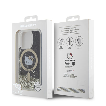 Apple iPhone 16 Pro Max Kılıf Hello Kitty Orjinal Lisanslı M-safe Şarj Özellikli IML Baskı Kitty Head Logolu Sıvılı Simli Altın Ateşi Kapak Siyah