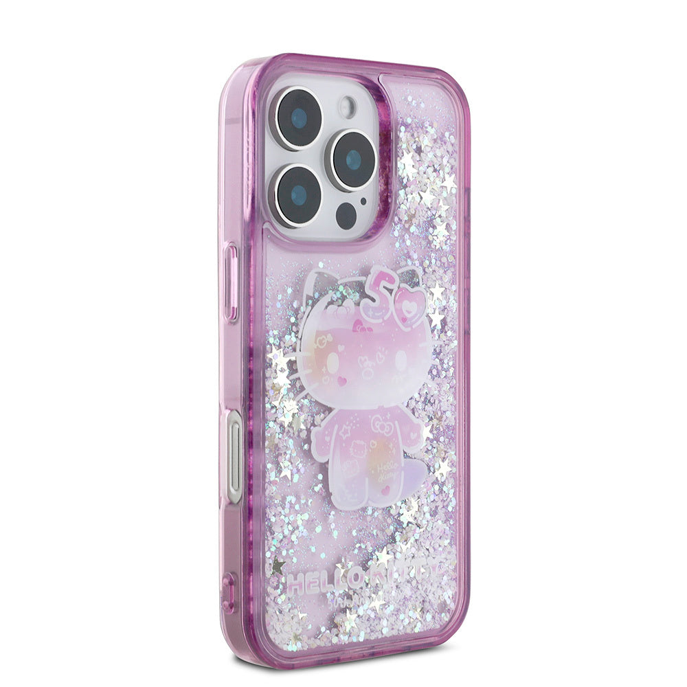 Apple iPhone 16 Pro Max Kılıf Hello Kitty Orjinal Lisanslı Sıvılı Simli 50. Yıldönümü Partisi Kapak Mor