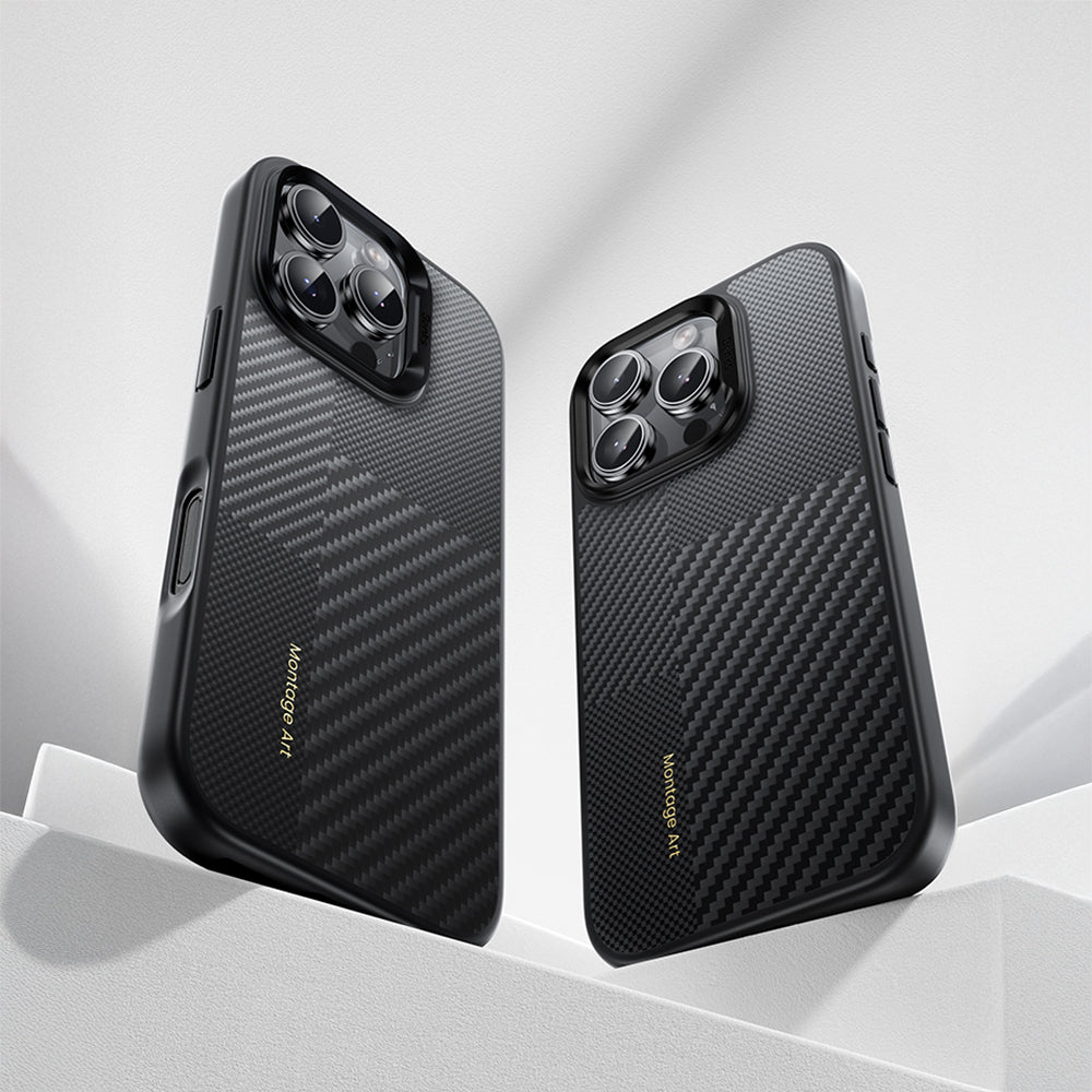 Apple iPhone 16 Pro Max Kılıf Karbon Fiber M-safe Şarj Özellikli Kamera Kontrol Butonlu Benks Hybrid ArmorPro Montage Kevlar Kapak Siyah