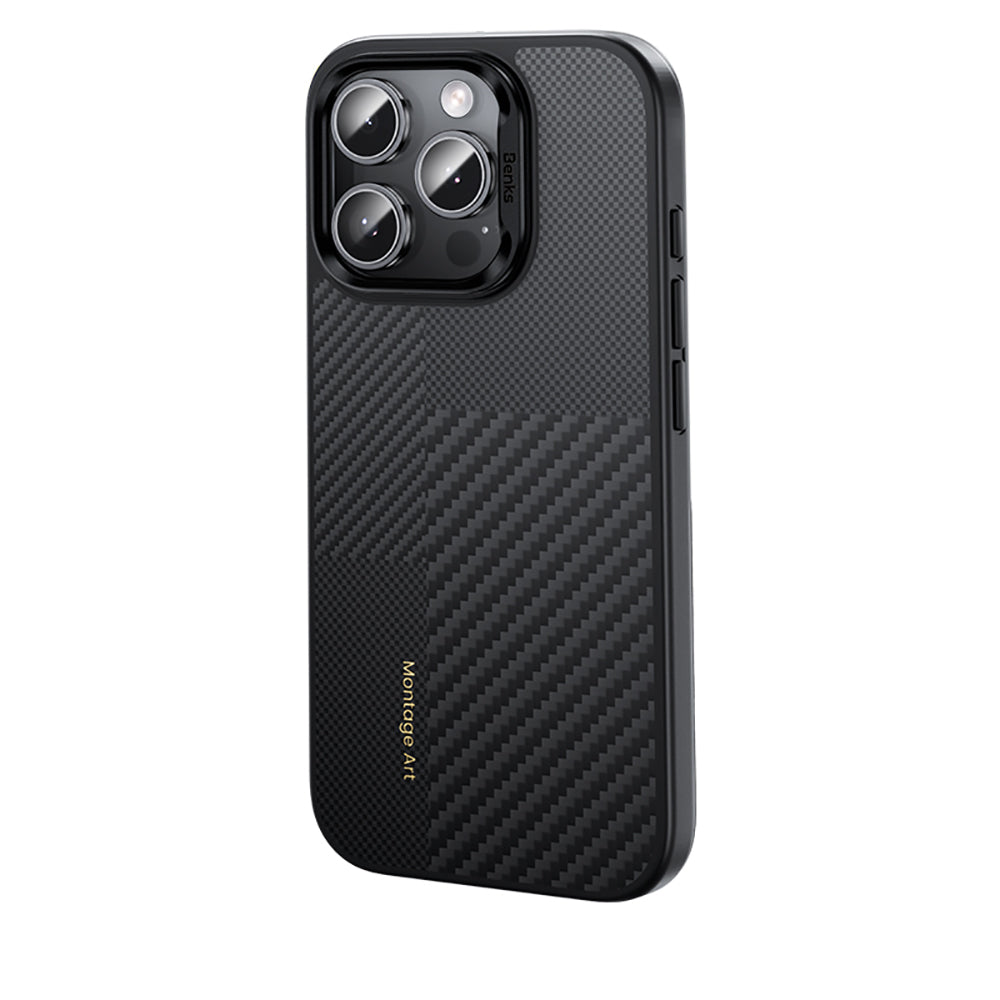 Apple iPhone 16 Pro Max Kılıf Karbon Fiber M-safe Şarj Özellikli Kamera Kontrol Butonlu Benks Hybrid ArmorPro Montage Kevlar Kapak Siyah