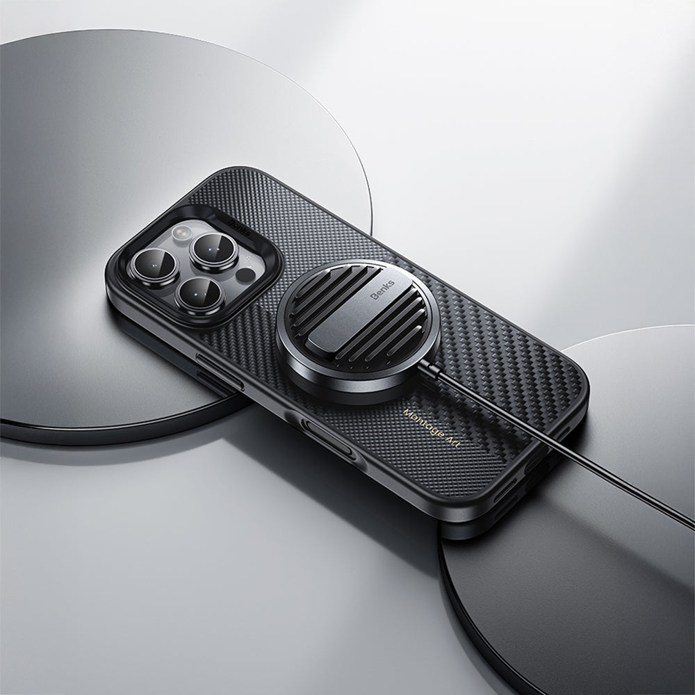Apple iPhone 16 Pro Max Kılıf Karbon Fiber M-safe Şarj Özellikli Kamera Kontrol Butonlu Benks Hybrid ArmorPro Montage Kevlar Kapak Siyah
