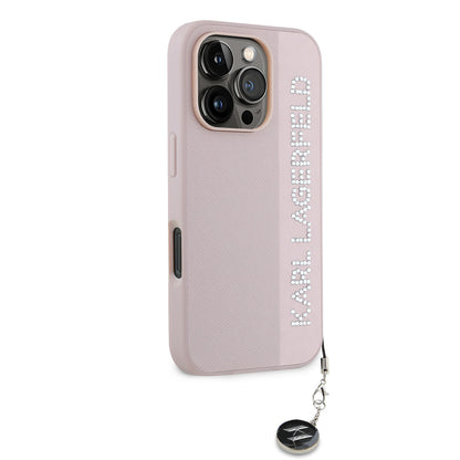 Apple iPhone 16 Pro Max Kılıf Karl Lagerfeld Orjinal Lisanslı Anahtarlıklı Taşlı KL Yazılı Saffiano Rhinestones Kapak Siyah