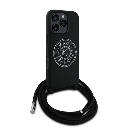 Apple iPhone 16 Pro Max Kılıf Karl Lagerfeld Orjinal Lisanslı Askı İpli Taşlı KL Yazılı Crossbody Cord Kapak Siyah