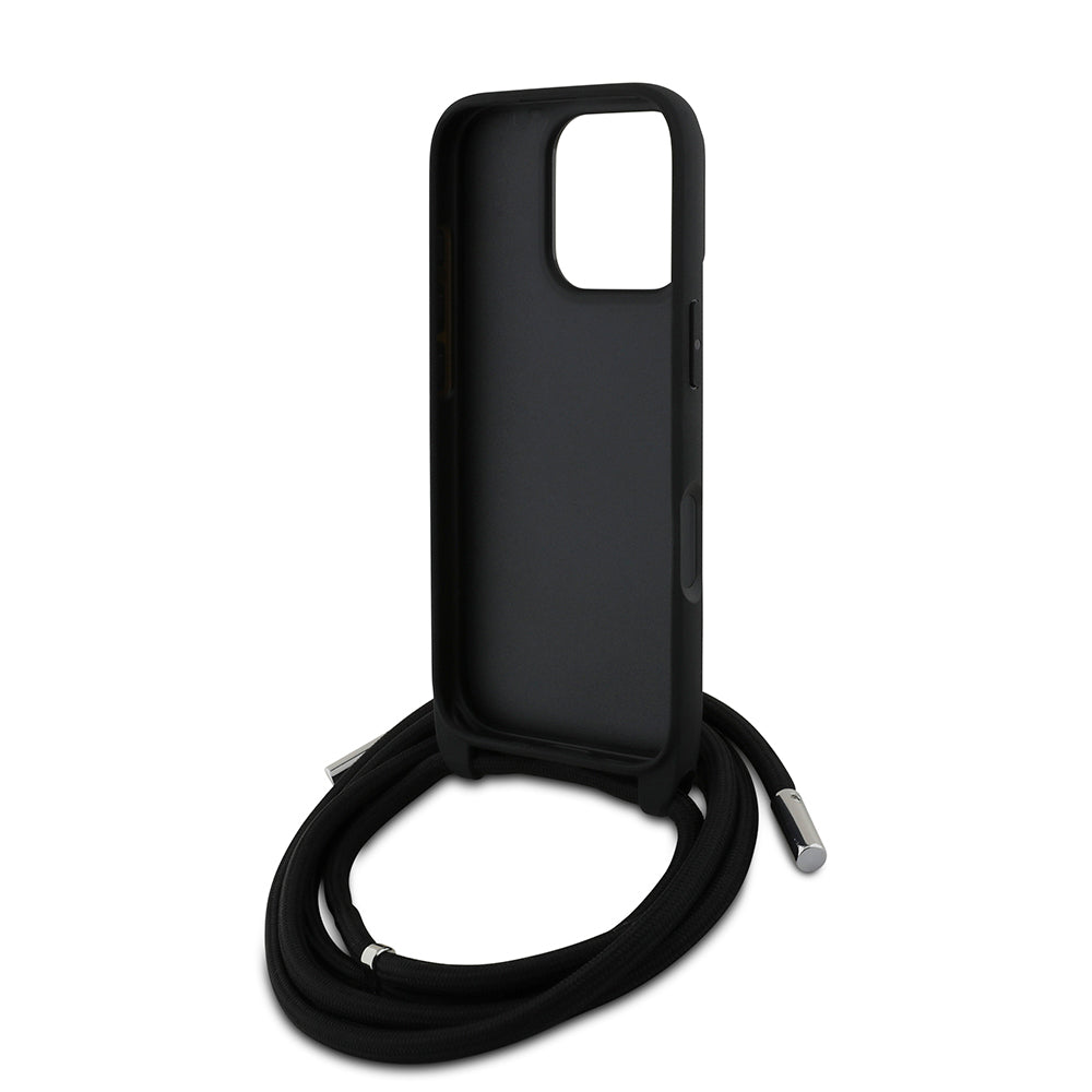 Apple iPhone 16 Pro Max Kılıf Karl Lagerfeld Orjinal Lisanslı Askı İpli Taşlı KL Yazılı Crossbody Cord Kapak Siyah