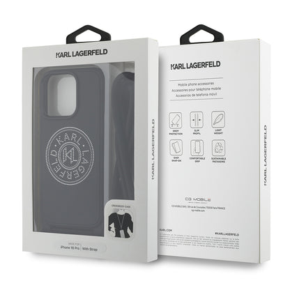 Apple iPhone 16 Pro Max Kılıf Karl Lagerfeld Orjinal Lisanslı Askı İpli Taşlı KL Yazılı Crossbody Cord Kapak Siyah