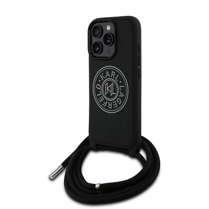 Apple iPhone 16 Pro Max Kılıf Karl Lagerfeld Orjinal Lisanslı Askı İpli Taşlı KL Yazılı Crossbody Cord Kapak Siyah