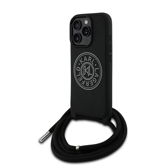 Apple iPhone 16 Pro Max Kılıf Karl Lagerfeld Orjinal Lisanslı Askı İpli Taşlı KL Yazılı Crossbody Cord Kapak Siyah