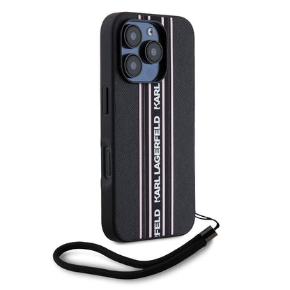 Apple iPhone 16 Pro Max Kılıf Karl Lagerfeld Orjinal Lisanslı Askılı Saffiano Athleisure Şerit Çizgili Kapak Pembe
