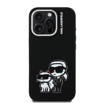 Apple iPhone 16 Pro Max Kılıf Karl Lagerfeld Orjinal Lisanslı Karl & Choupette Sketch Logo Sililkon Kapak Siyah