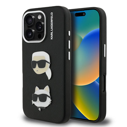 Apple iPhone 16 Pro Max Kılıf Karl Lagerfeld Orjinal Lisanslı K&C Heads Pin Kapak Siyah
