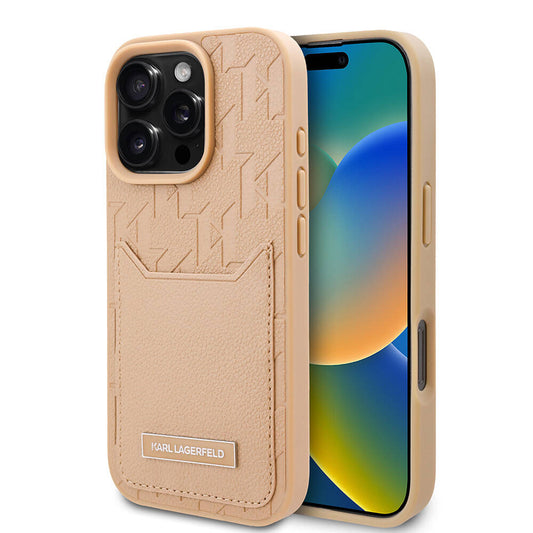 Apple iPhone 16 Pro Max Kılıf Karl Lagerfeld Orjinal Lisanslı KL Desenli Kartlıklı Monogram Kapak Kahverengi