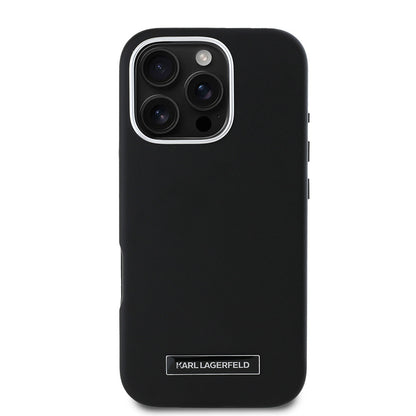 Apple iPhone 16 Pro Max Kılıf Karl Lagerfeld Orjinal Lisanslı M-safe Şarj Özellikli Metal Kamera ve Buton Tasarımlı Plaka Logolu PU Deri Kapak Siyah