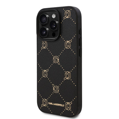 Apple iPhone 16 Pro Max Kılıf Karl Lagerfeld Orjinal Lisanslı M-safe Şarj Özellikli PU Deri Karl Heads Desenli Klasik Logolu Kapak Siyah