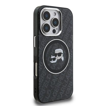 Apple iPhone 16 Pro Max Kılıf Karl Lagerfeld Orjinal Lisanslı Parlayan Simli Karl & Choupette Heads Kapak Siyah