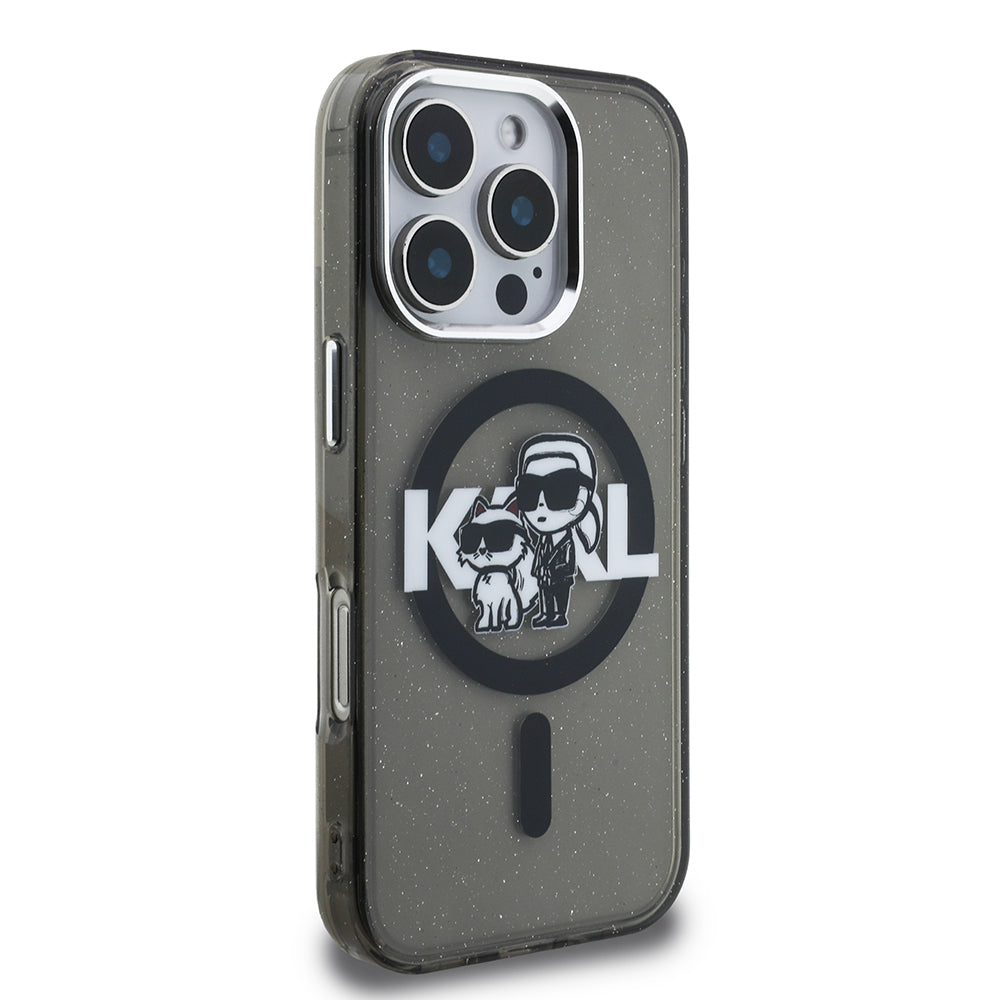 Apple iPhone 16 Pro Max Kılıf Karl Lagerfeld Orjinal Lisanslı Parlayan Simli Karl & Choupette Sketch Logo Kapak Siyah