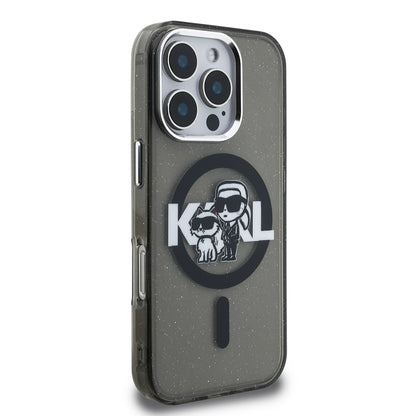 Apple iPhone 16 Pro Max Kılıf Karl Lagerfeld Orjinal Lisanslı Parlayan Simli Karl & Choupette Sketch Logo Kapak Siyah
