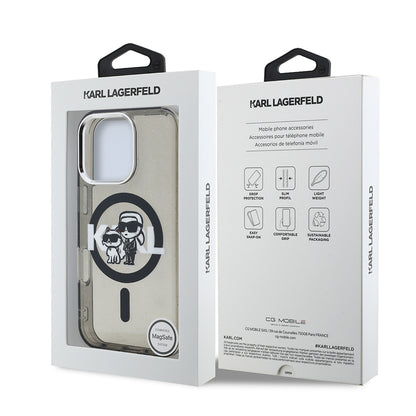 Apple iPhone 16 Pro Max Kılıf Karl Lagerfeld Orjinal Lisanslı Parlayan Simli Karl & Choupette Sketch Logo Kapak Siyah