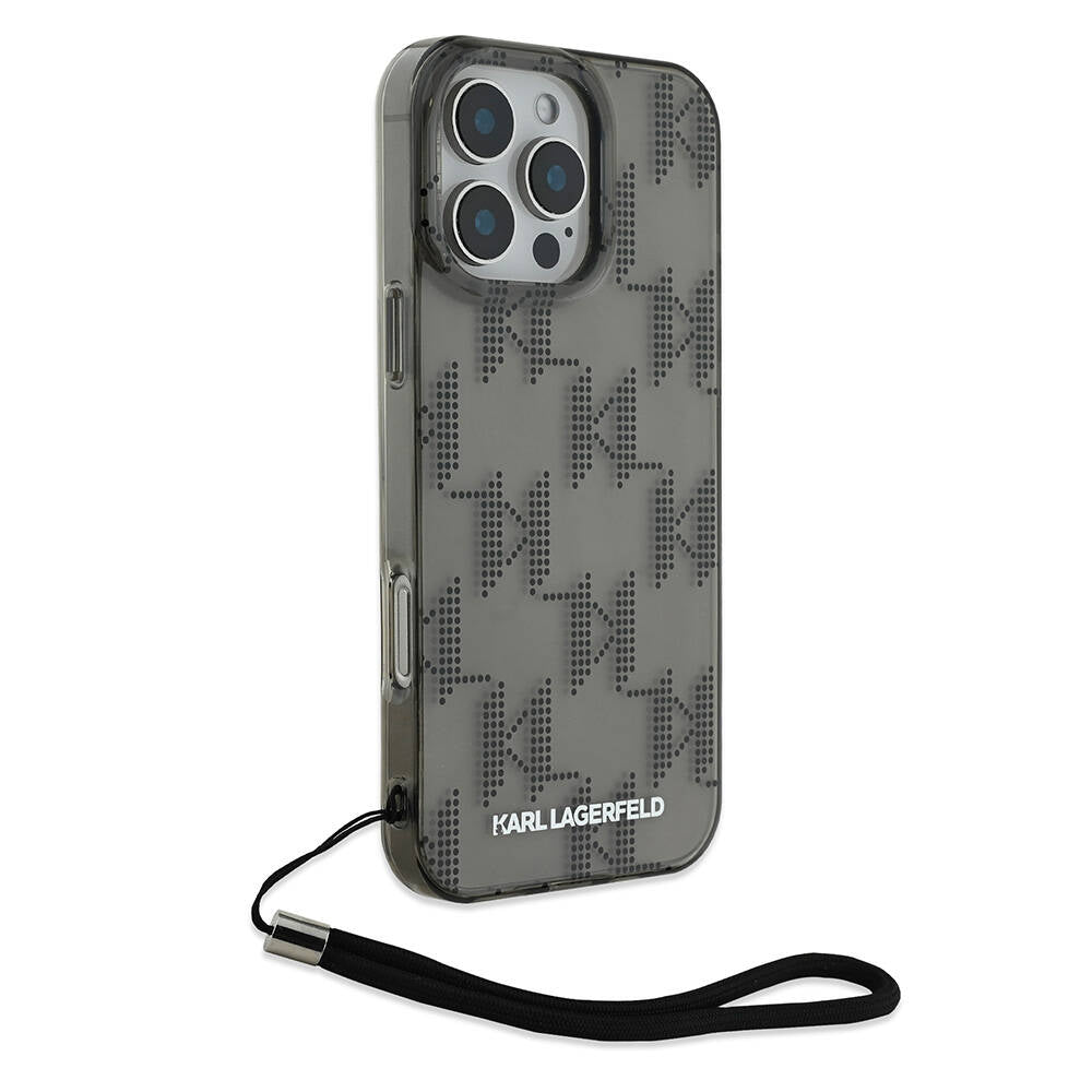 Apple iPhone 16 Pro Max Kılıf Karl Lagerfeld Orjinal Lisanslı KL Desenli Saydam Bilek Askı İpli Klasik Logolu Kapak Siyah