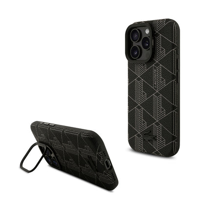 Apple iPhone 16 Pro Max Kılıf Lacoste Orjinal Lisanslı M-safe Şarj Özellikli Standlı PU Deri Karışık Monogram Desenli Kapak Siyah