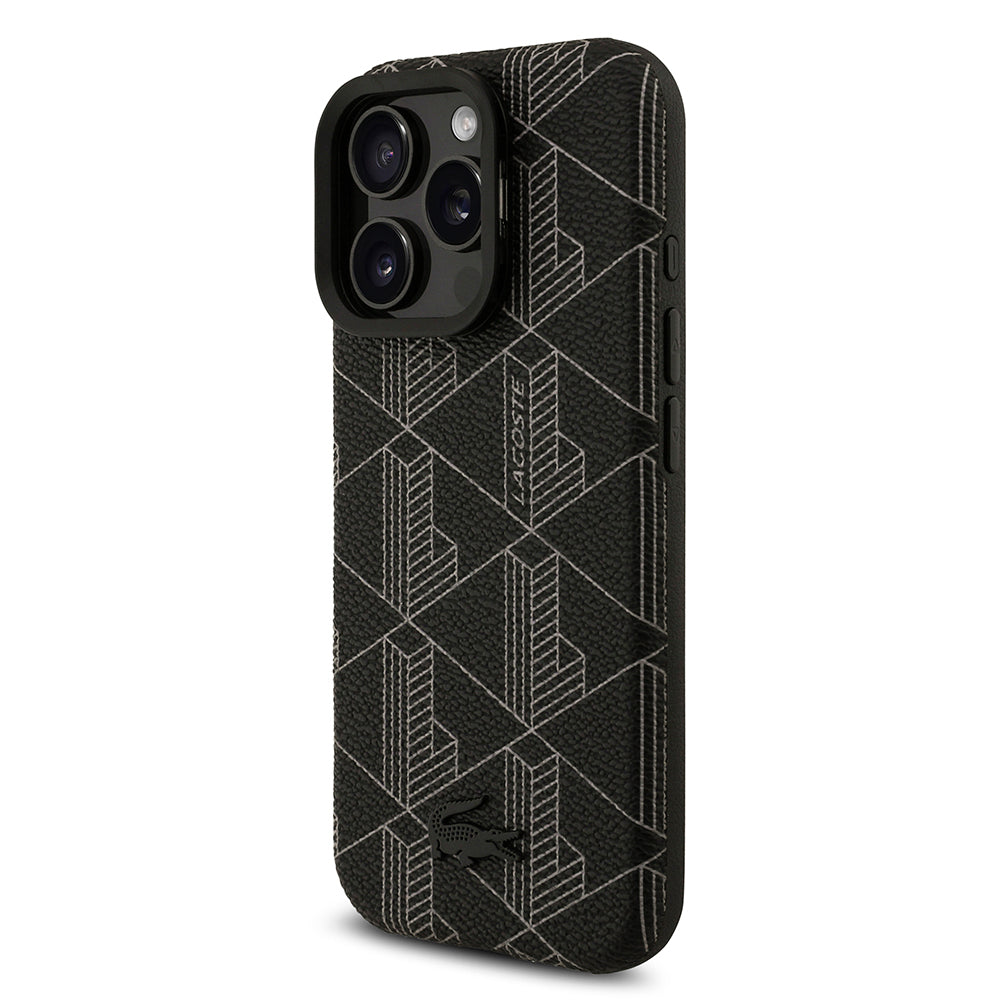 Apple iPhone 16 Pro Max Kılıf Lacoste Orjinal Lisanslı M-safe Şarj Özellikli Standlı PU Deri Karışık Monogram Desenli Kapak Siyah
