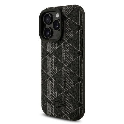 Apple iPhone 16 Pro Max Kılıf Lacoste Orjinal Lisanslı M-safe Şarj Özellikli Standlı PU Deri Karışık Monogram Desenli Kapak Siyah