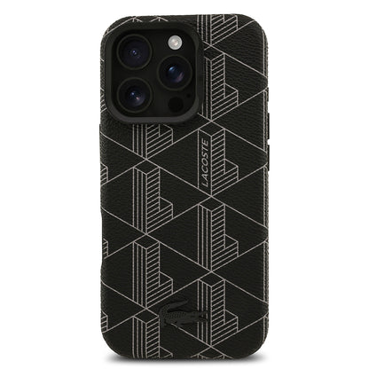 Apple iPhone 16 Pro Max Kılıf Lacoste Orjinal Lisanslı M-safe Şarj Özellikli Standlı PU Deri Karışık Monogram Desenli Kapak Siyah