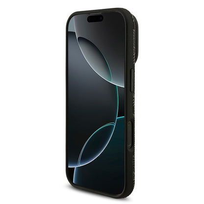 Apple iPhone 16 Pro Max Kılıf Lacoste Orjinal Lisanslı M-safe Şarj Özellikli Standlı PU Deri Karışık Monogram Desenli Kapak Siyah