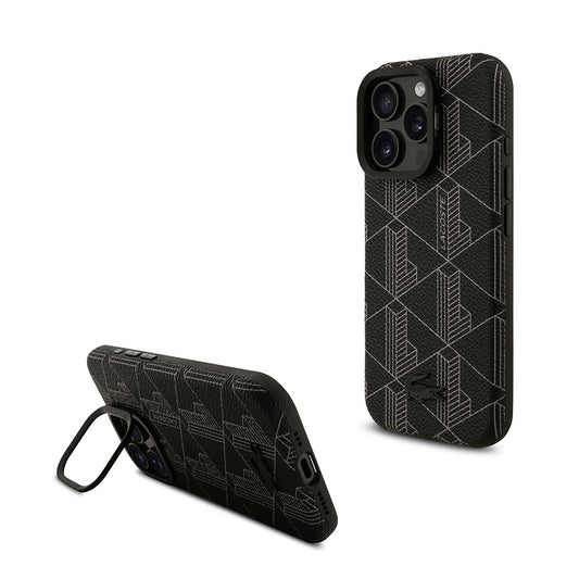 Apple iPhone 16 Pro Max Kılıf Lacoste Orjinal Lisanslı M-safe Şarj Özellikli Standlı PU Deri Karışık Monogram Desenli Kapak Siyah