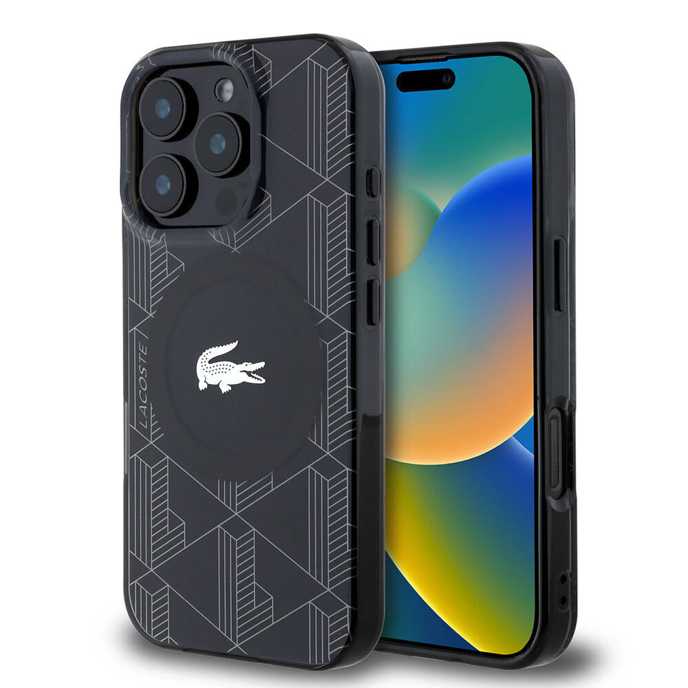 Apple iPhone 16 Pro Max Kılıf Lacoste Orjinal Lisanslı M-safe Şarj Özellikli IML Baskılı Gümüş Timsah Logolu Monogram Kapak Lacivert