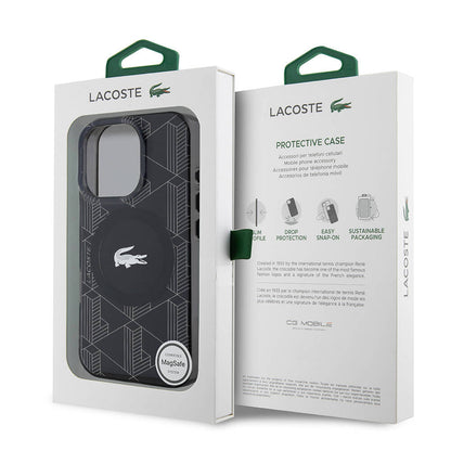 Apple iPhone 16 Pro Max Kılıf Lacoste Orjinal Lisanslı M-safe Şarj Özellikli IML Baskılı Gümüş Timsah Logolu Monogram Kapak Lacivert