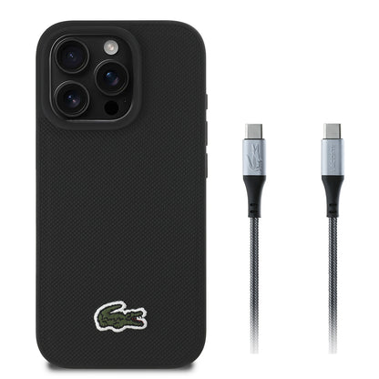 Apple iPhone 16 Pro Max Kılıf Lacoste Orjinal Lisanslı PU Pike Desenli Arka Yüzey İkonik Timsah Dokuma Logolu Kapak + Type-C Kablo 1.5m Siyah