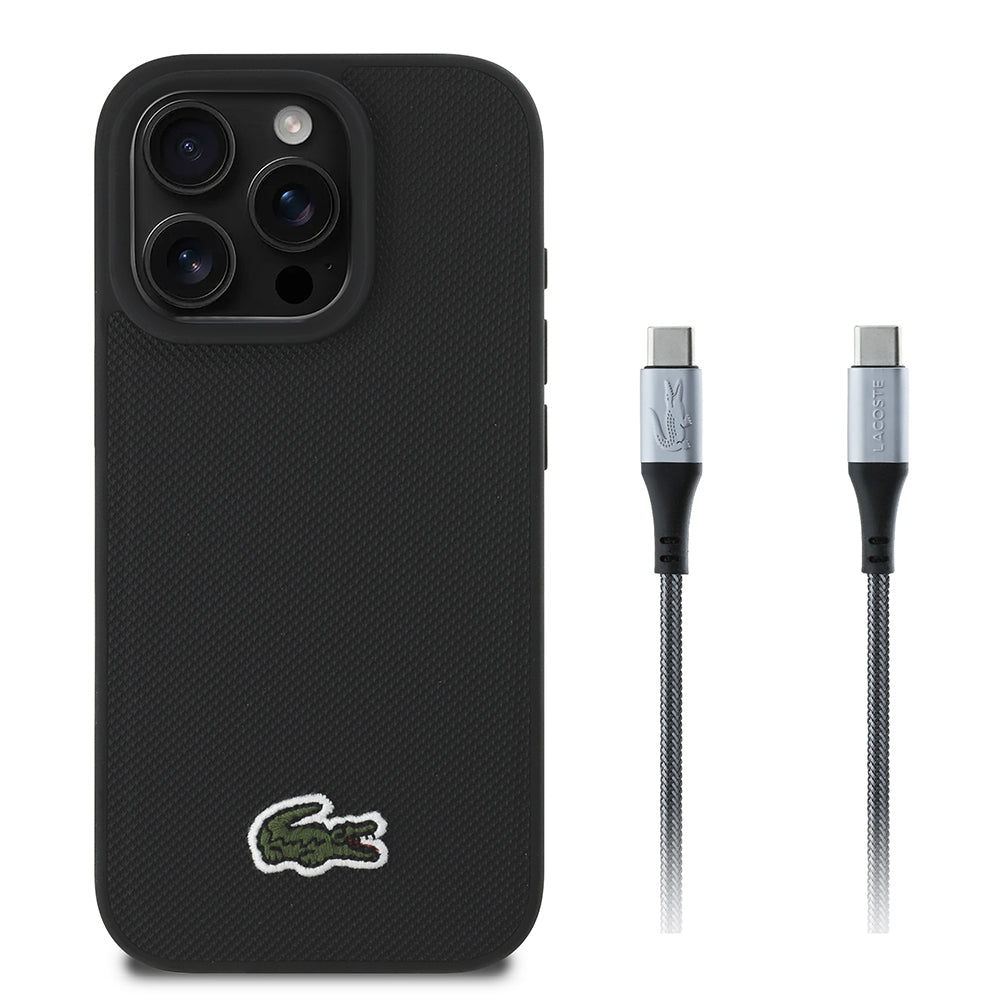 Apple iPhone 16 Pro Max Kılıf Lacoste Orjinal Lisanslı PU Pike Desenli Arka Yüzey İkonik Timsah Dokuma Logolu Kapak + Type-C Kablo 1.5m Siyah
