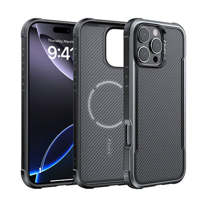 Apple iPhone 16 Pro Max Kılıf M-safe Şarj Özellikli Airbagli Raptic Apex Serisi Karbon Fiber Tasarımlı Kapak Siyah