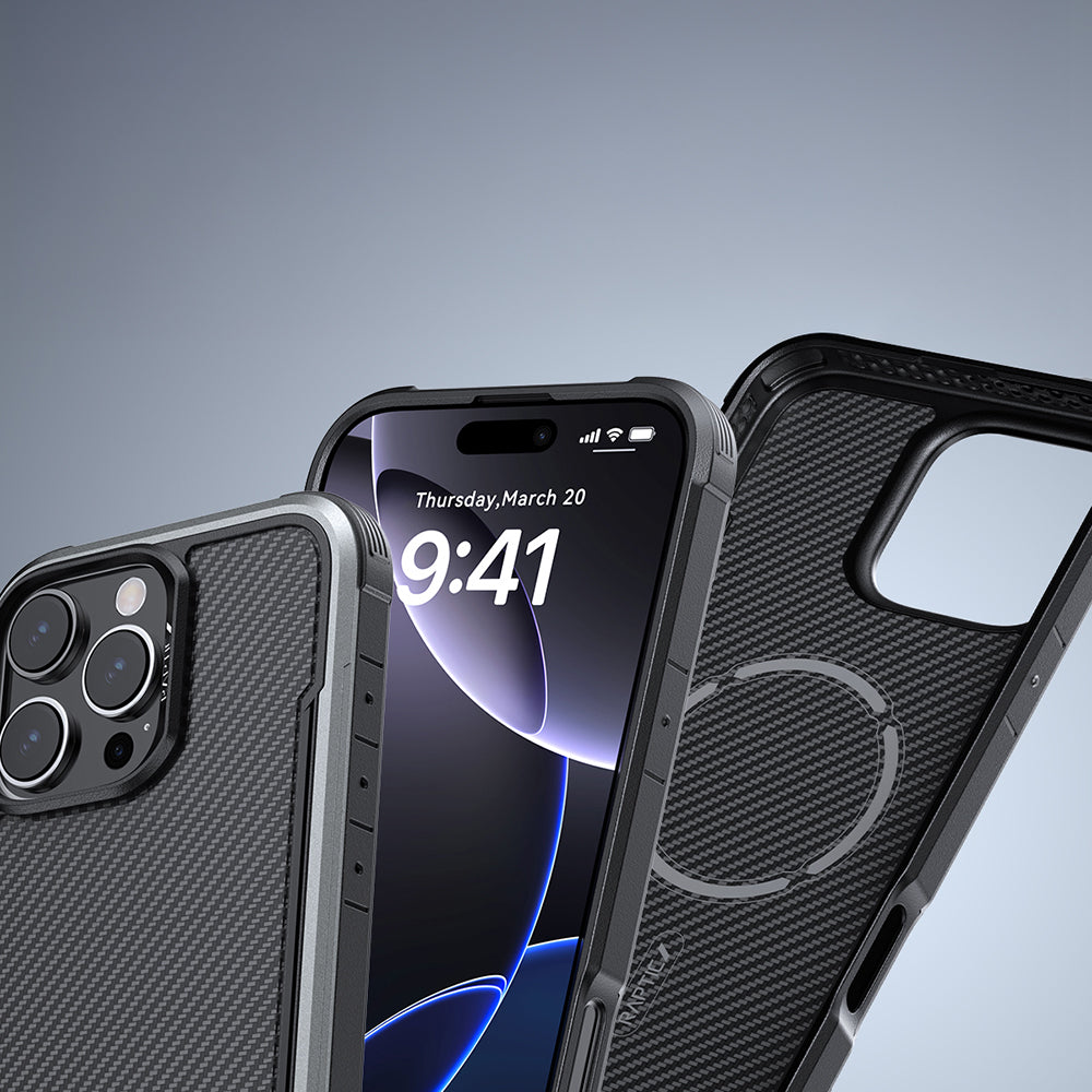 Apple iPhone 16 Pro Max Kılıf M-safe Şarj Özellikli Airbagli Raptic Apex Serisi Karbon Fiber Tasarımlı Kapak Siyah