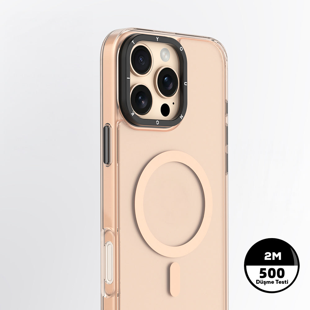 Apple iPhone 16 Pro Max Kılıf M-safe Şarj Özellikli Cam Arka Yüzey TPU Youngkit Gemstone Clear Serisi Kapak Gold