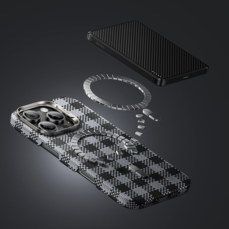 Apple iPhone 16 Pro Max Kılıf M-safe Şarj Özellikli Ekose Tasarımlı Benks ArmorVichy Kevlar Kapak Kırmızı