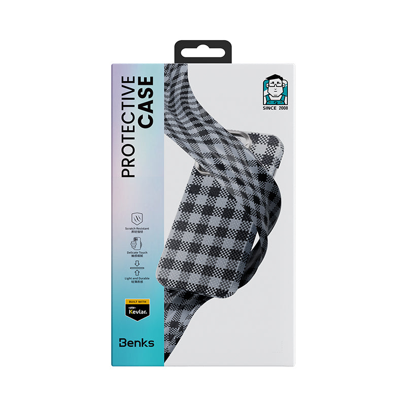 Apple iPhone 16 Pro Max Kılıf M-safe Şarj Özellikli Ekose Tasarımlı Benks ArmorVichy Kevlar Kapak Siyah