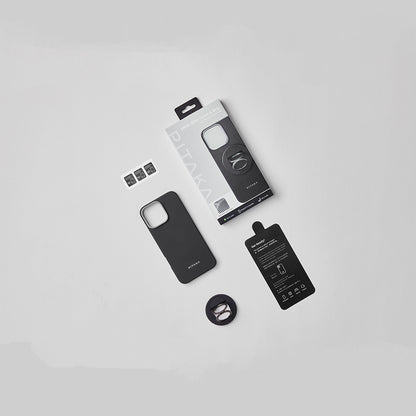 Apple iPhone 16 Pro Max Kılıf M-safe Şarj Özellikli Grip 3 Standlı 600D Aramid Fiber Pitaka Ultra-Slim Classic Serisi Black-Grey Twill Kapak Siyah-Gri