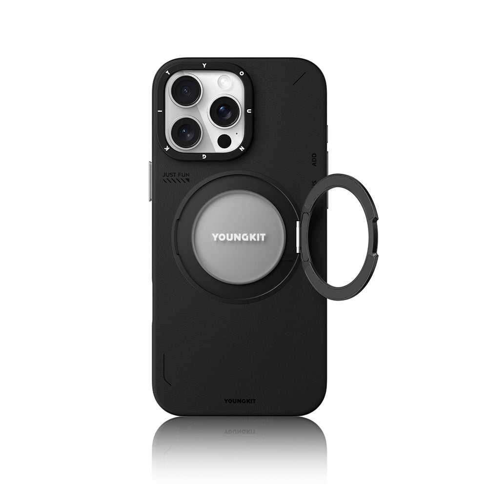 Apple iPhone 16 Pro Max Kılıf M-safe Şarj Özellikli 360° Standlı Basit Mat Deri Desenli Youngkit Tech Leather Serisi Kapak Siyah